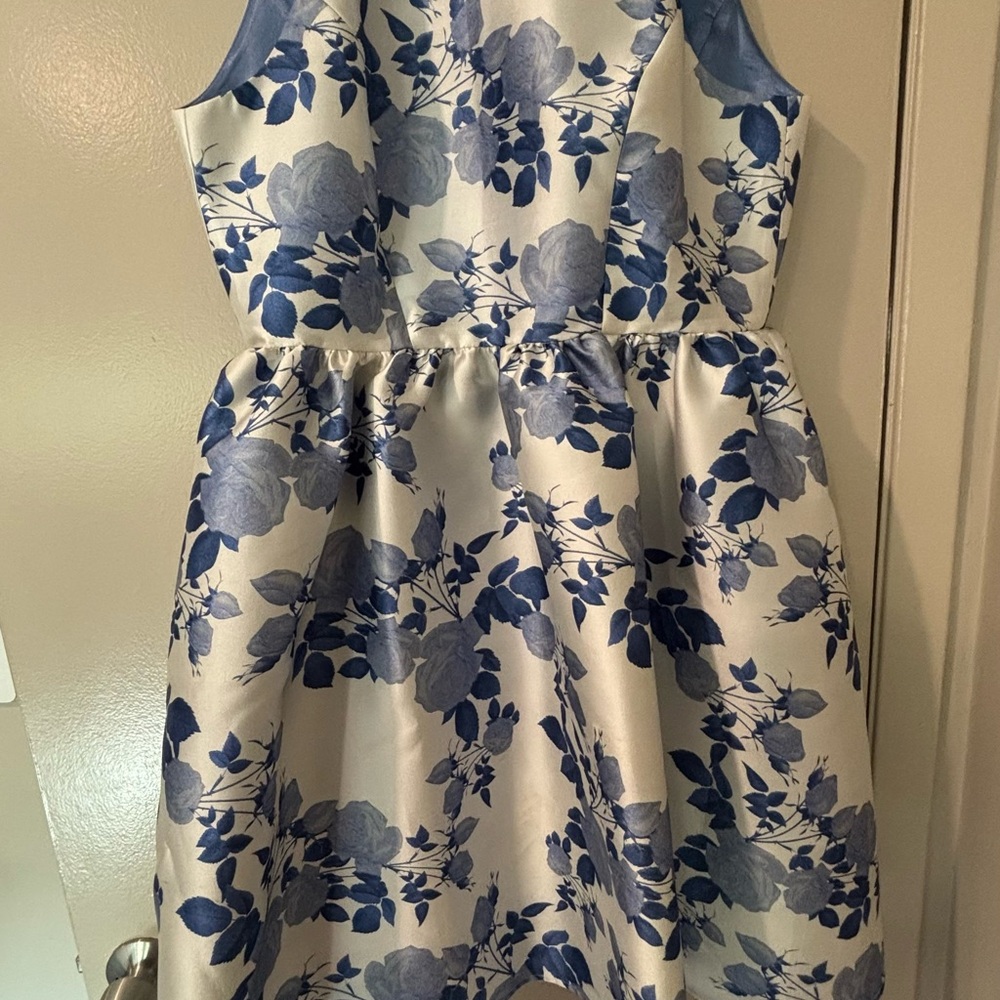 Blue and White Pleated A-Line Dress for Wedding Guests